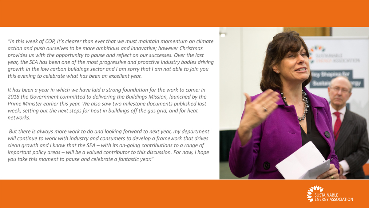 SEA Annual Reception Statement from Energy Minister, Claire Perry